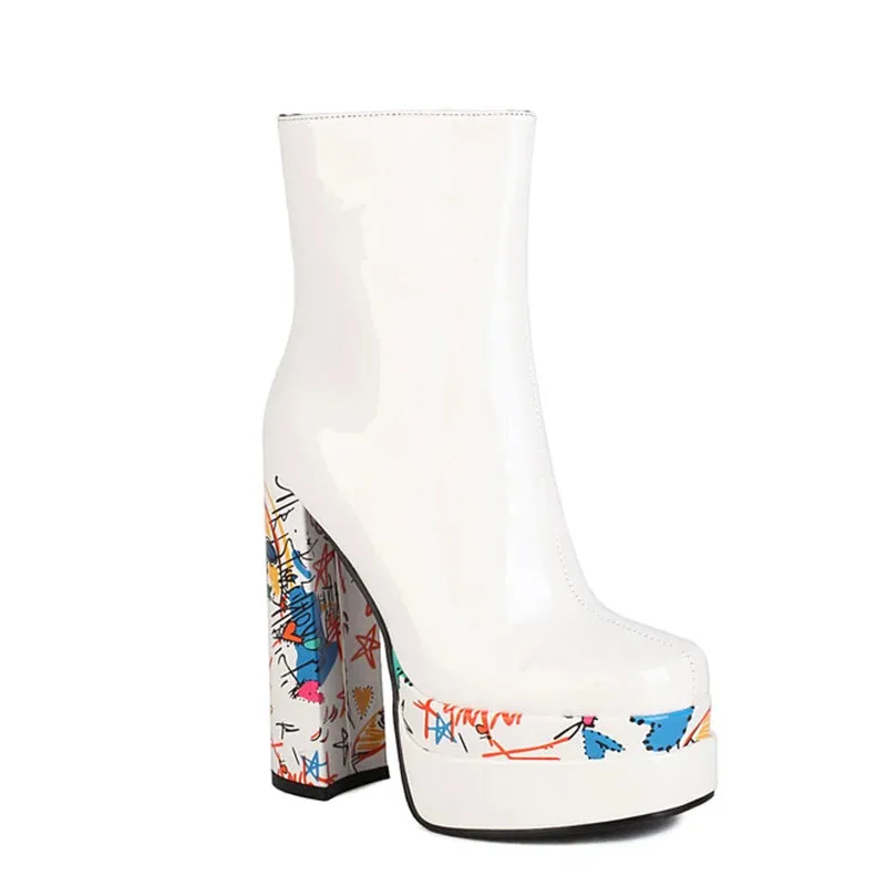 Trend4us Women's Stylish Platform Graffiti Heel Ankle Boots