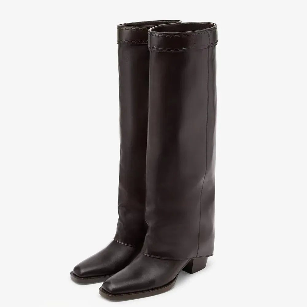 Trend4us Women's Stylish Square-Toe Knee-High Leather Boots