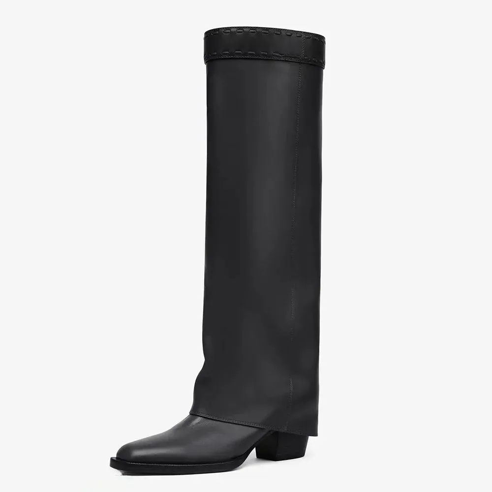 Trend4us Women's Stylish Square-Toe Knee-High Leather Boots