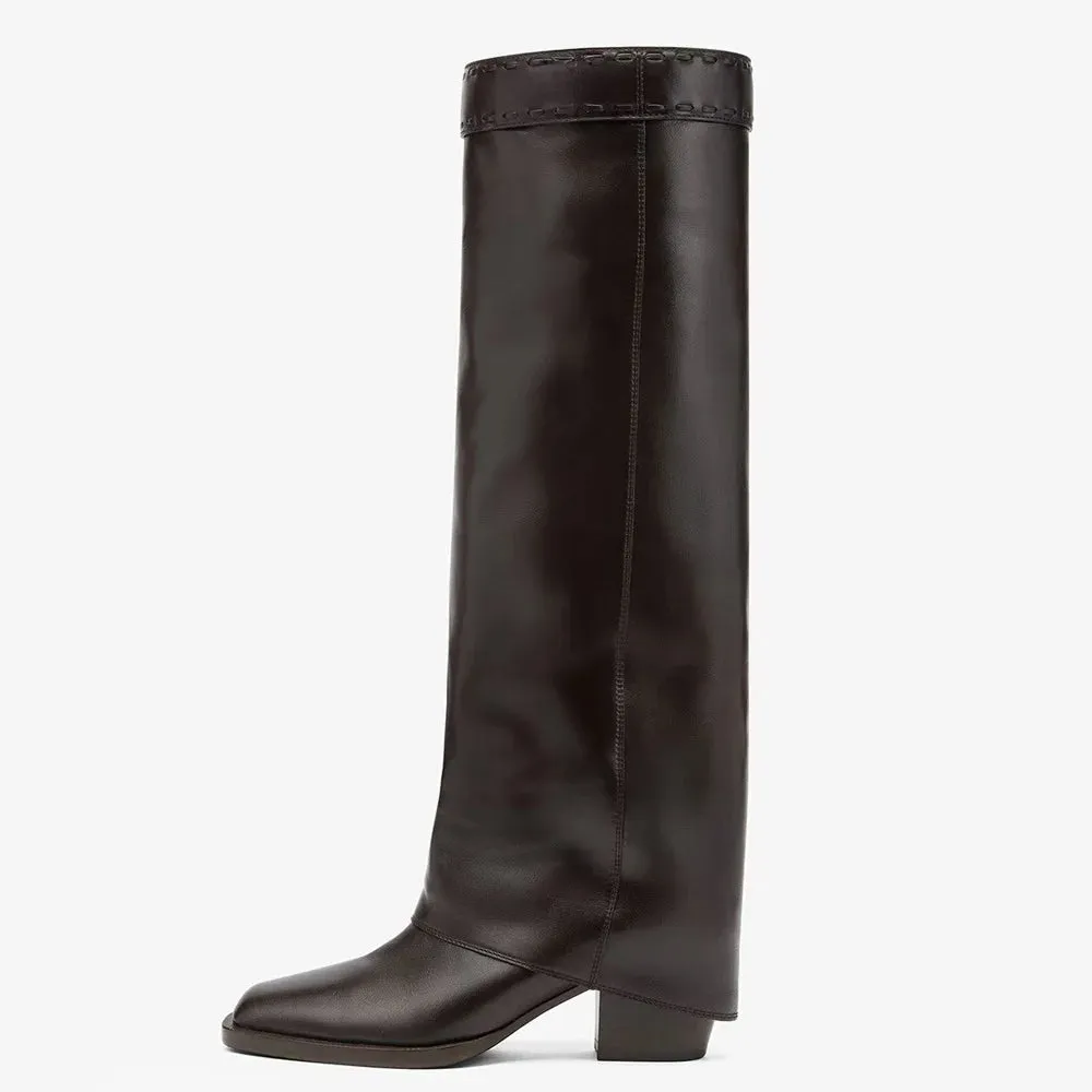 Trend4us Women's Stylish Square-Toe Knee-High Leather Boots