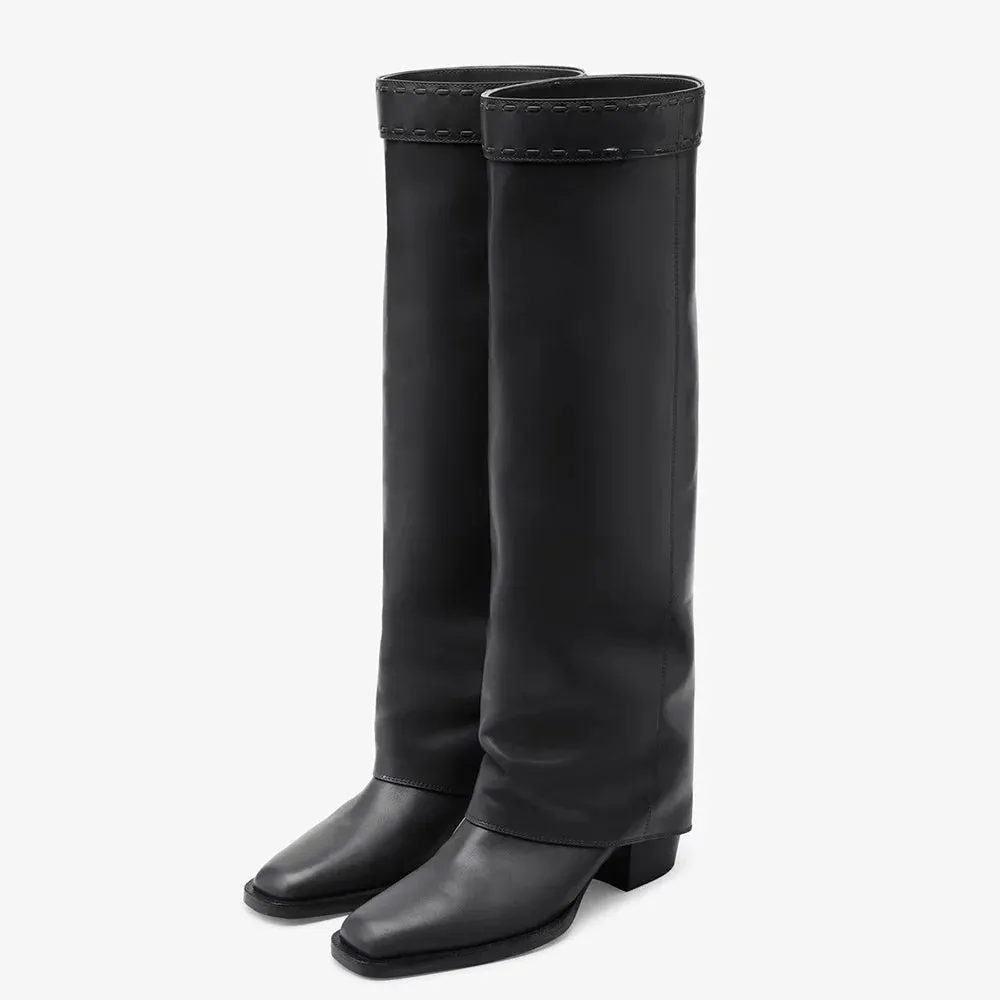 Trend4us Women's Stylish Square-Toe Knee-High Leather Boots