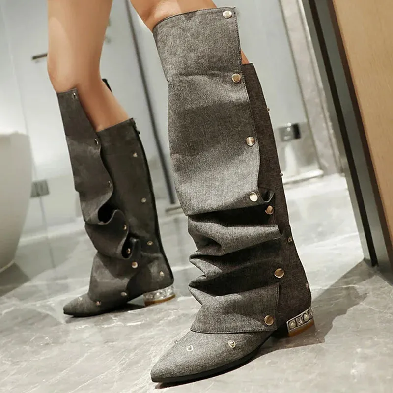 Trend4us Women's Stylish Studded Slouchy Knee-High Boots