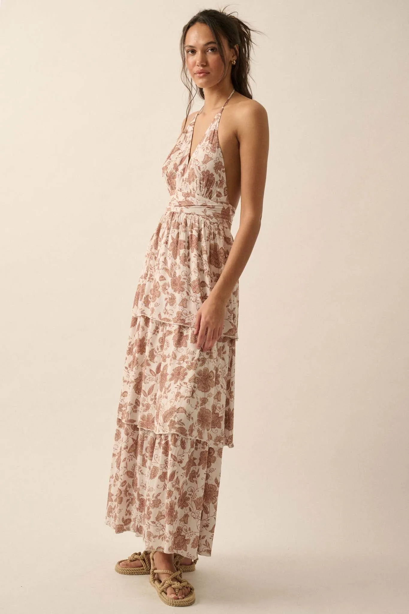 Truly Timeless Tiered Floral Halter Maxi Dress