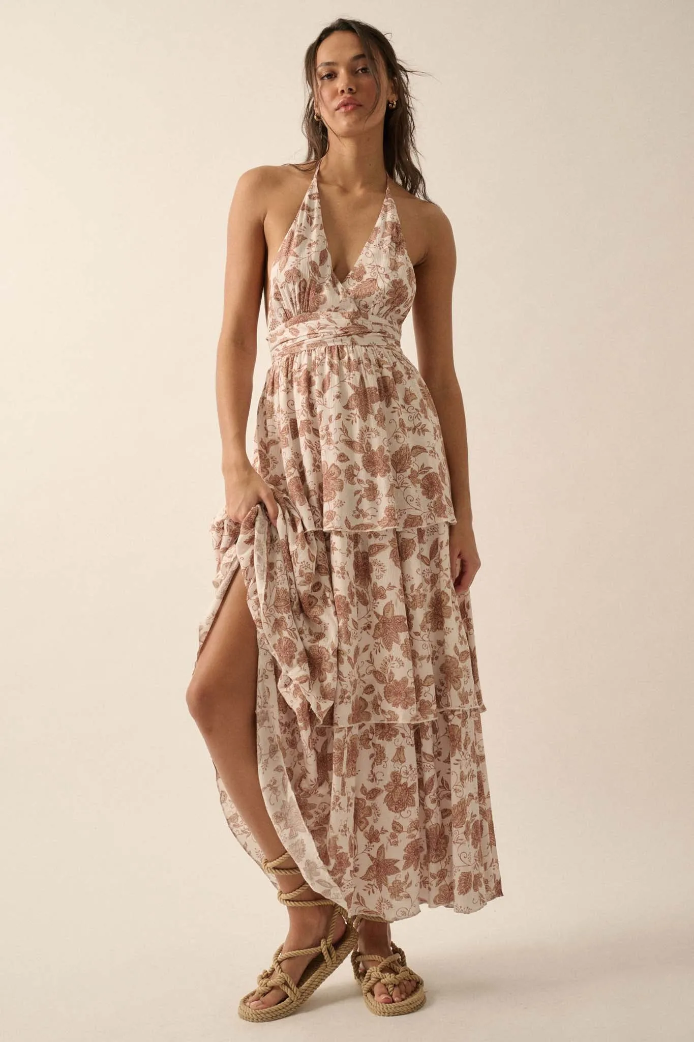 Truly Timeless Tiered Floral Halter Maxi Dress