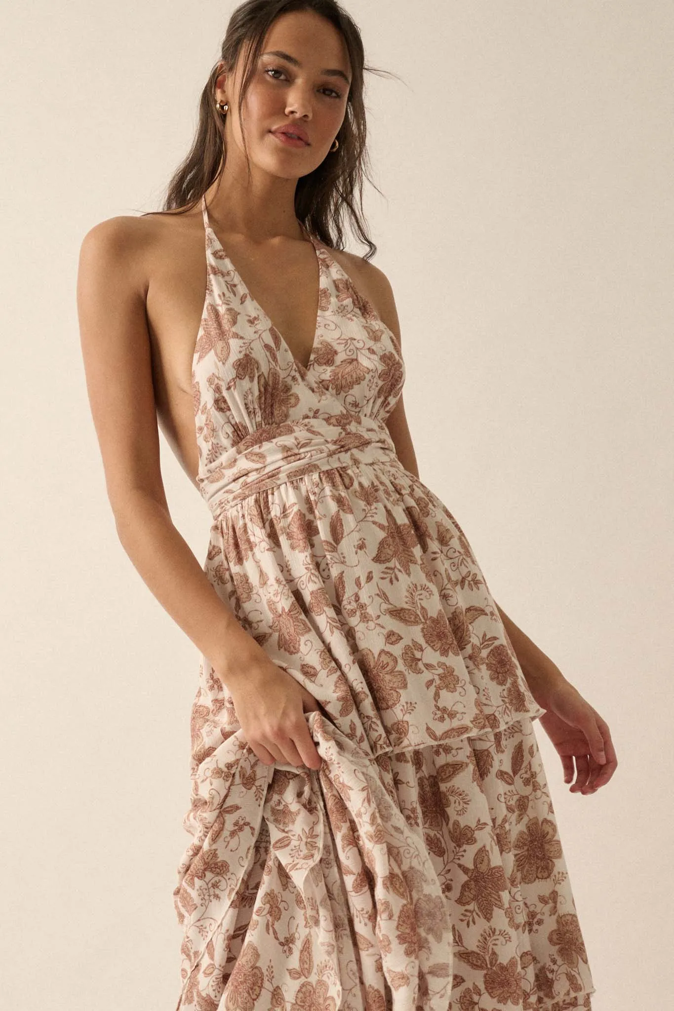 Truly Timeless Tiered Floral Halter Maxi Dress