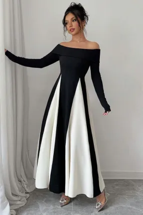 U-neck black & white maxi dress