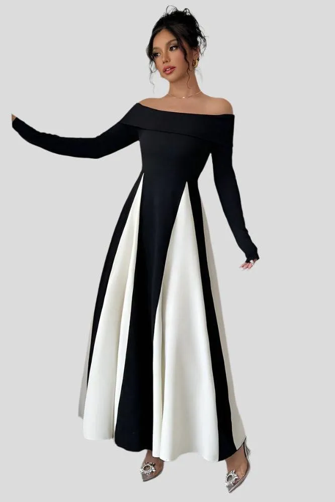 U-neck black & white maxi dress