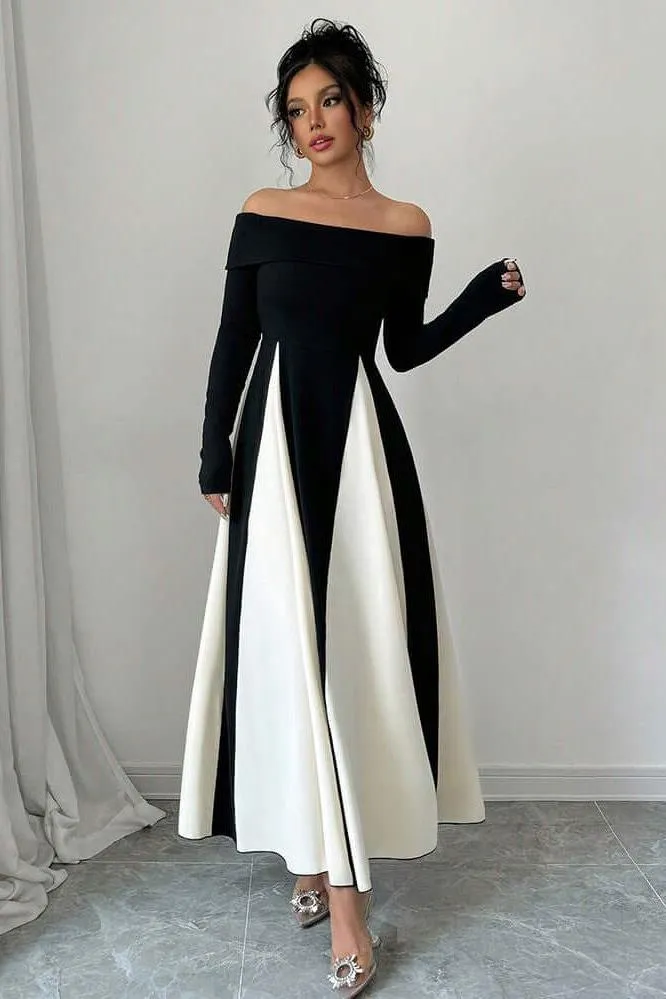 U-neck black & white maxi dress