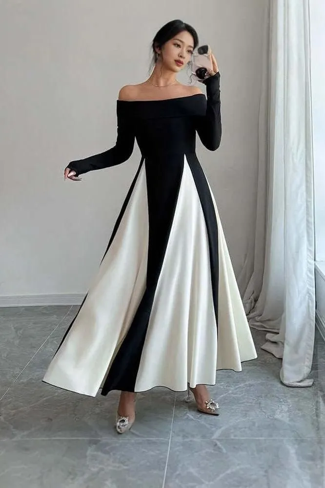 U-neck black & white maxi dress