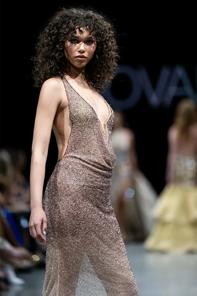 Wallen | Taupe Ombre Embellished Plunging Neck Dress | Jovani 26268