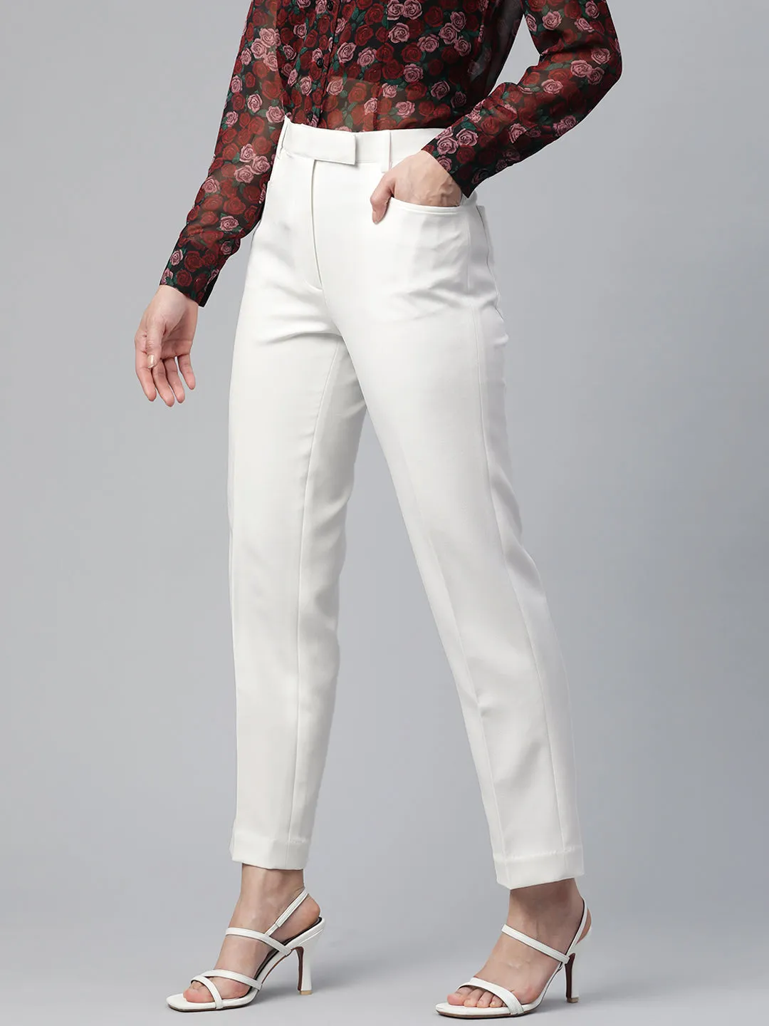 White Viscose Regular Fit Stretch Trouser