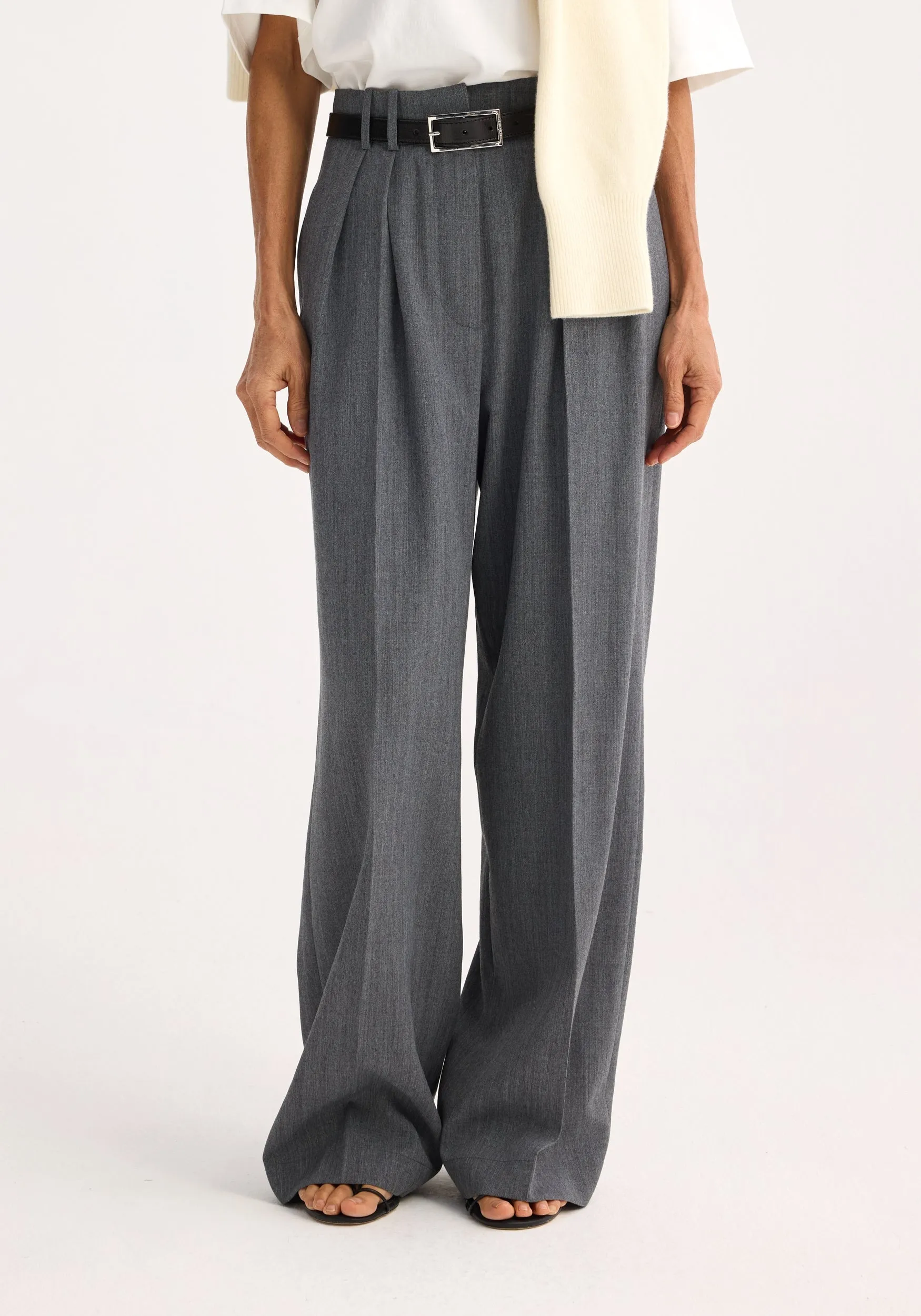 Wide leg double pleated trousers | dark grey melange