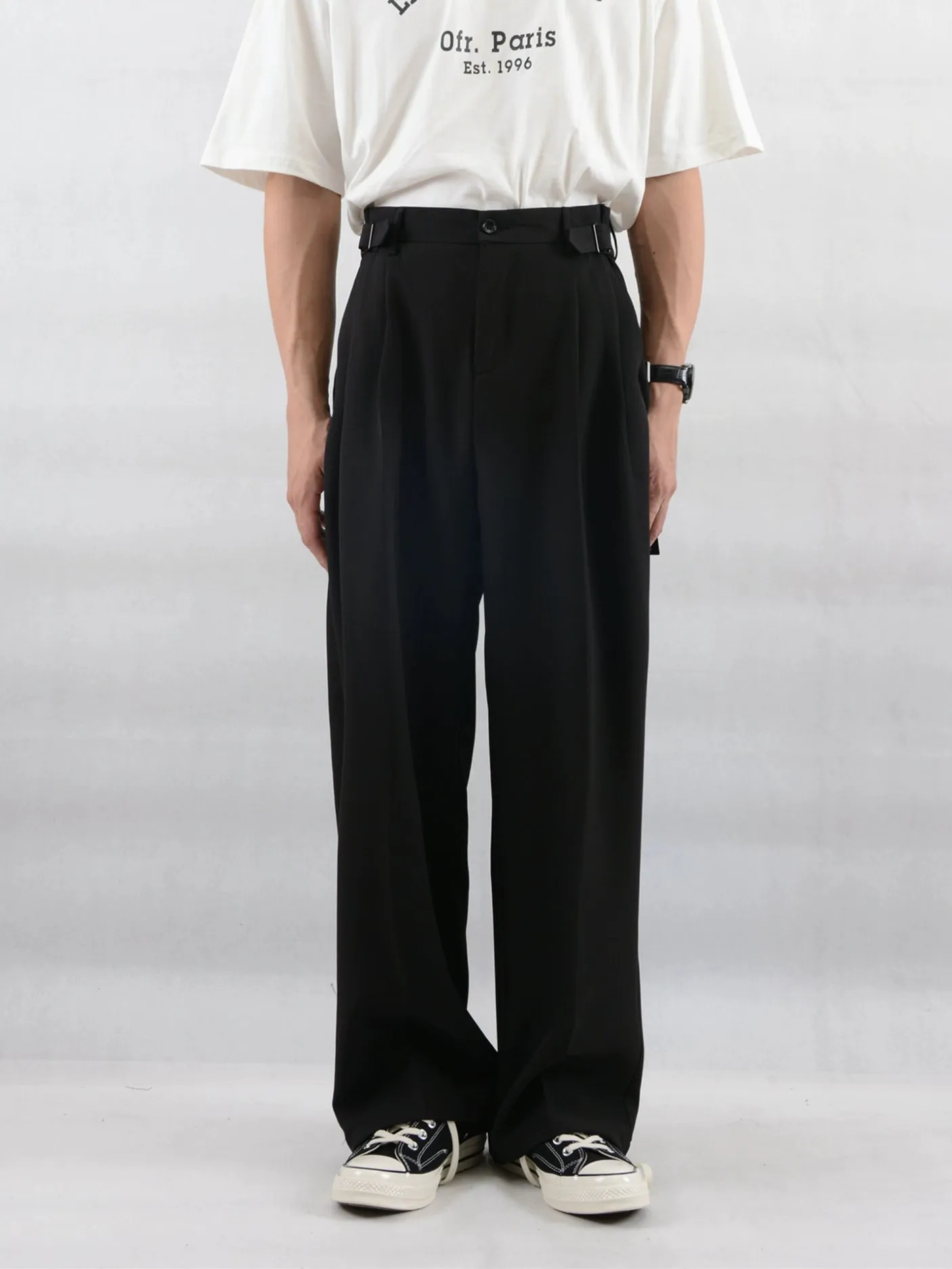 Wide Leg Pleated Trousers with Buckle Detail