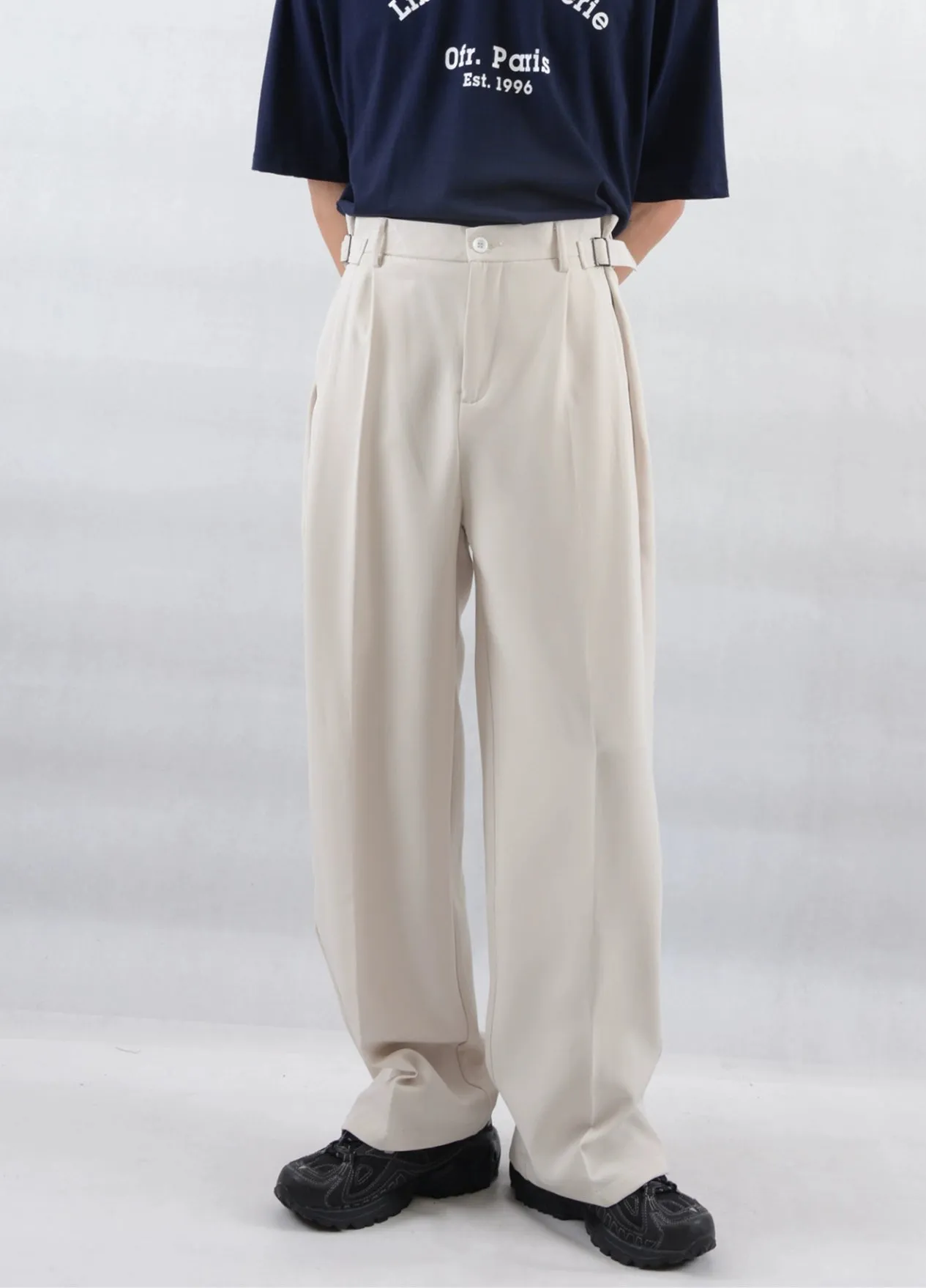 Wide Leg Pleated Trousers with Buckle Detail