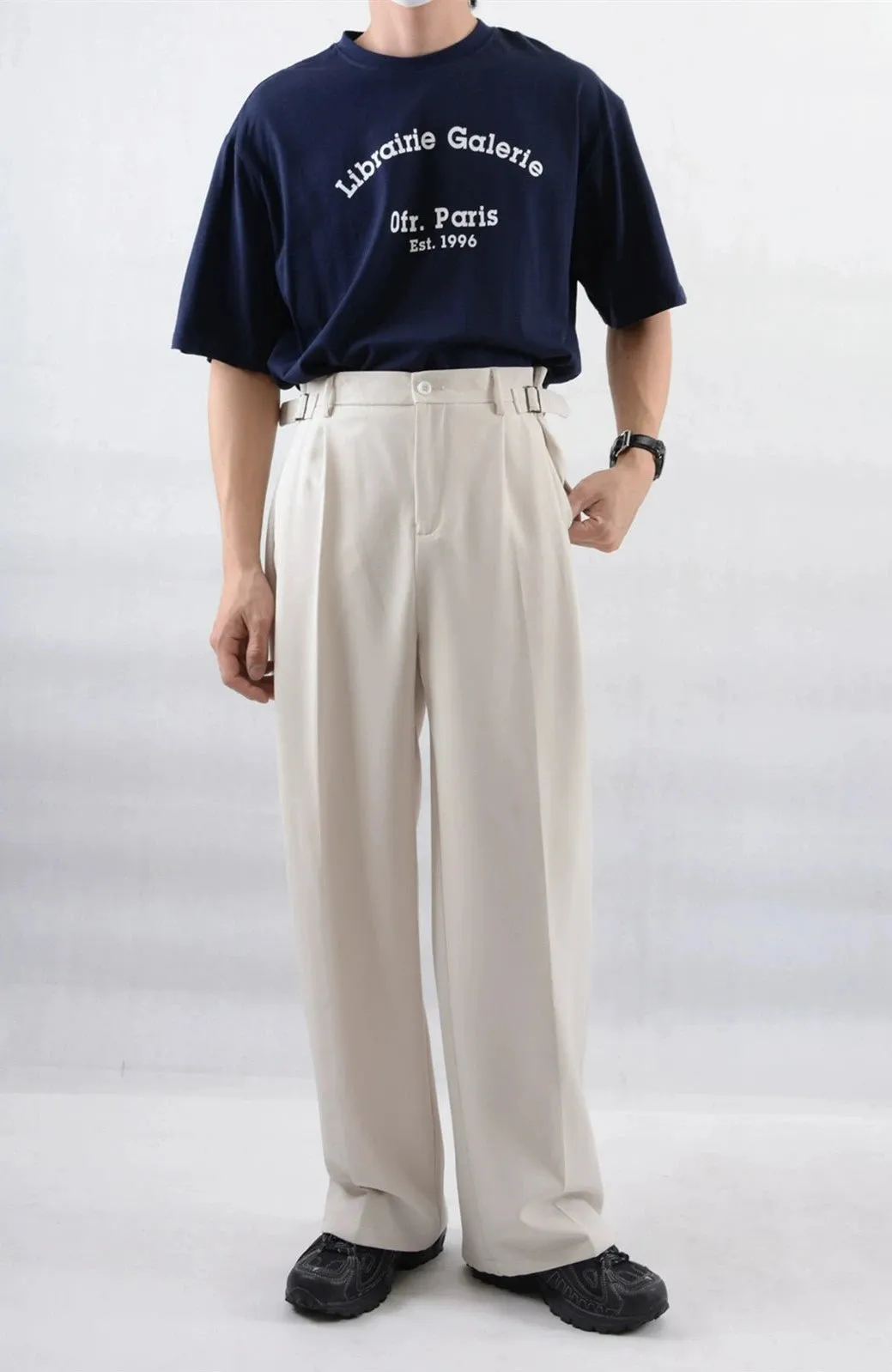 Wide Leg Pleated Trousers with Buckle Detail