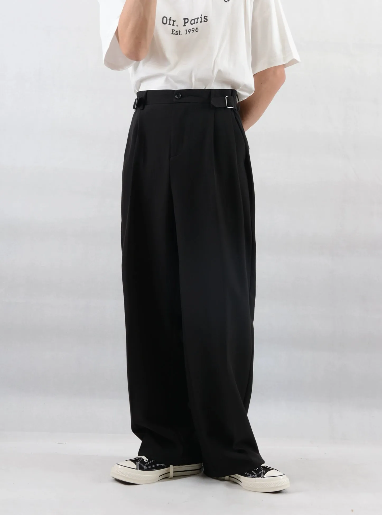 Wide Leg Pleated Trousers with Buckle Detail