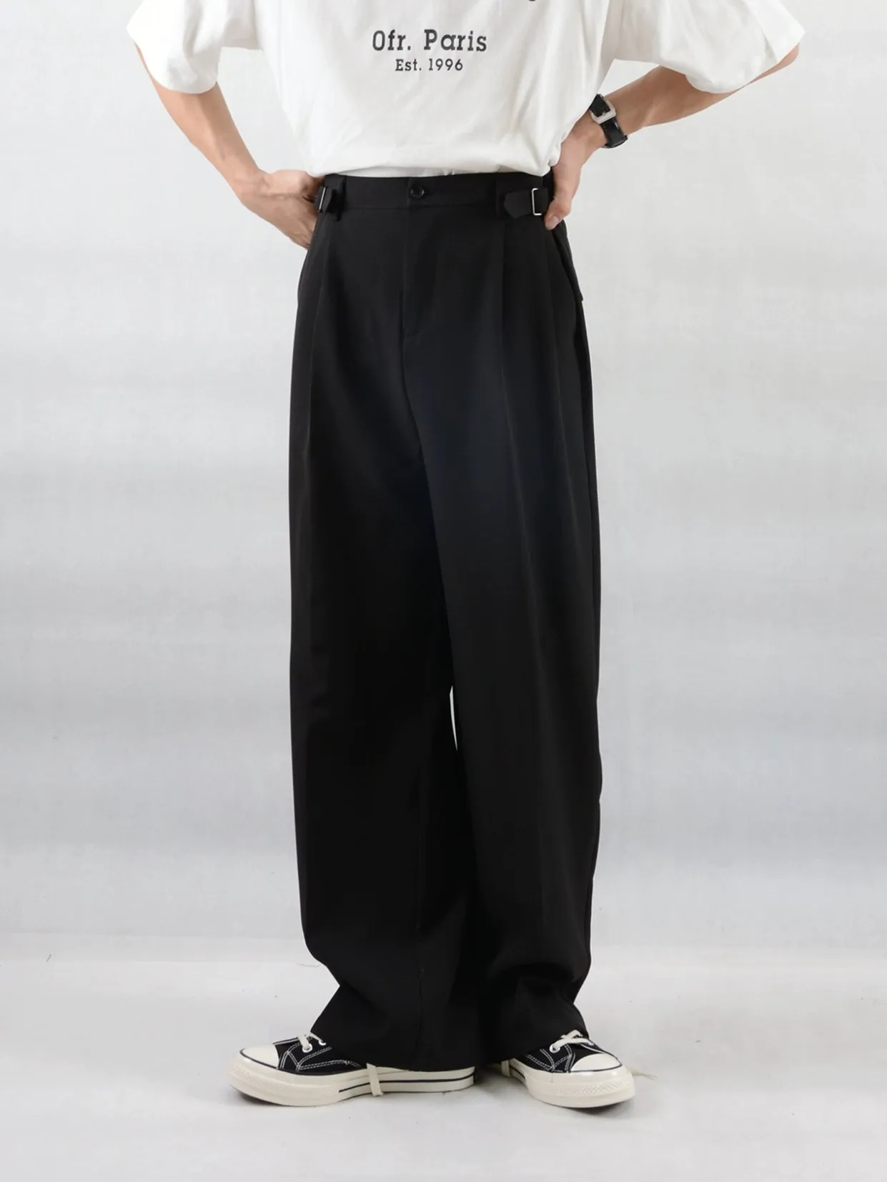 Wide Leg Pleated Trousers with Buckle Detail