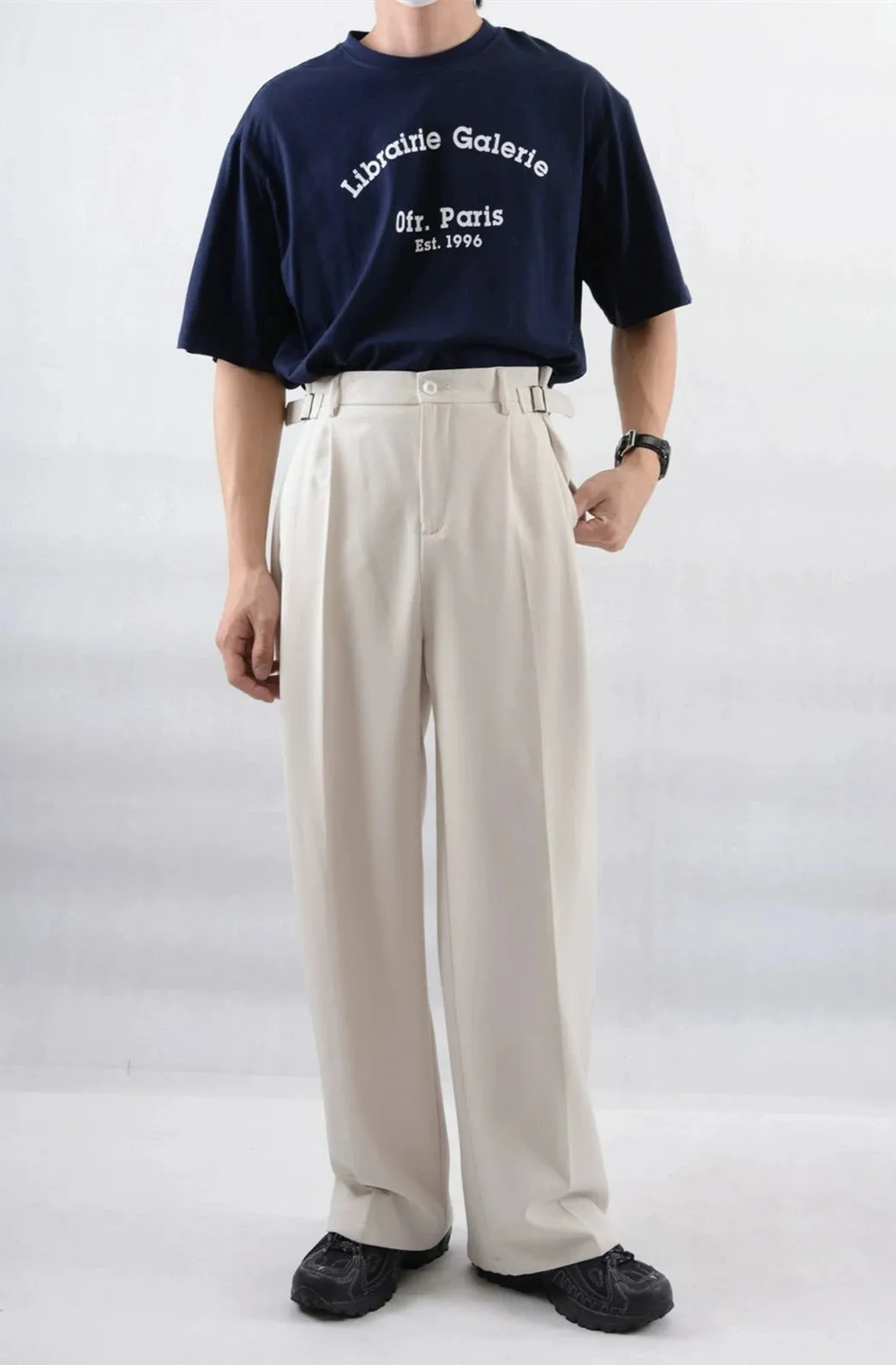 Wide Leg Pleated Trousers with Buckle Detail