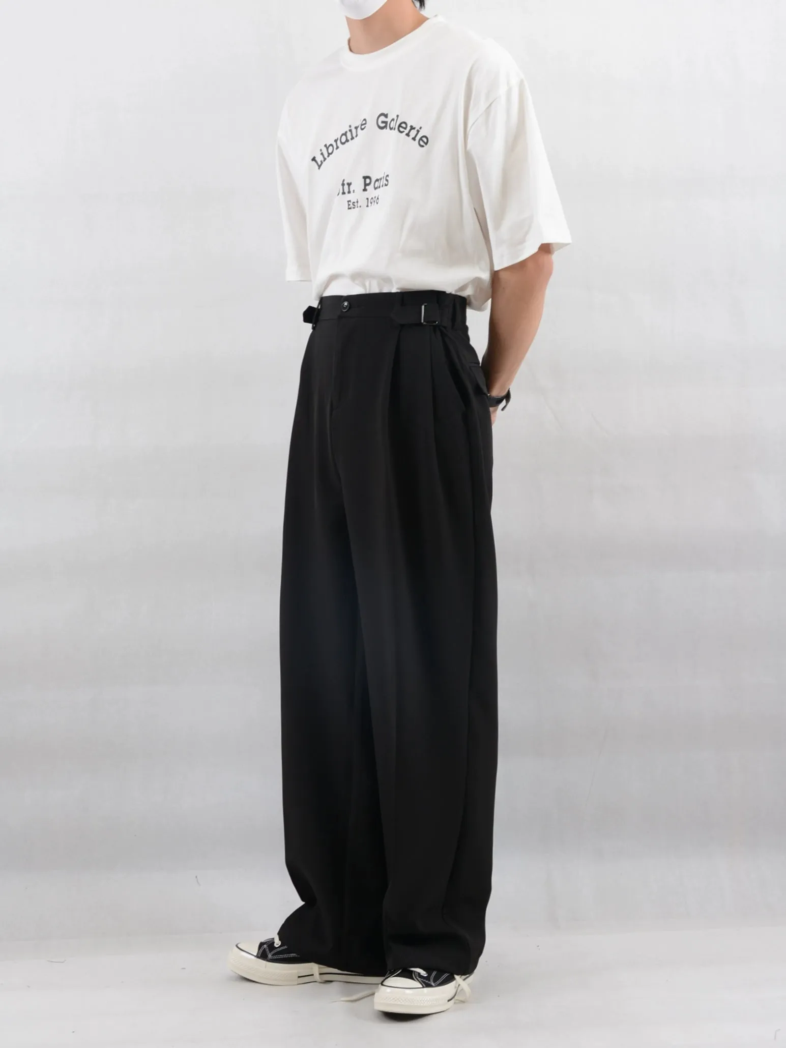 Wide Leg Pleated Trousers with Buckle Detail