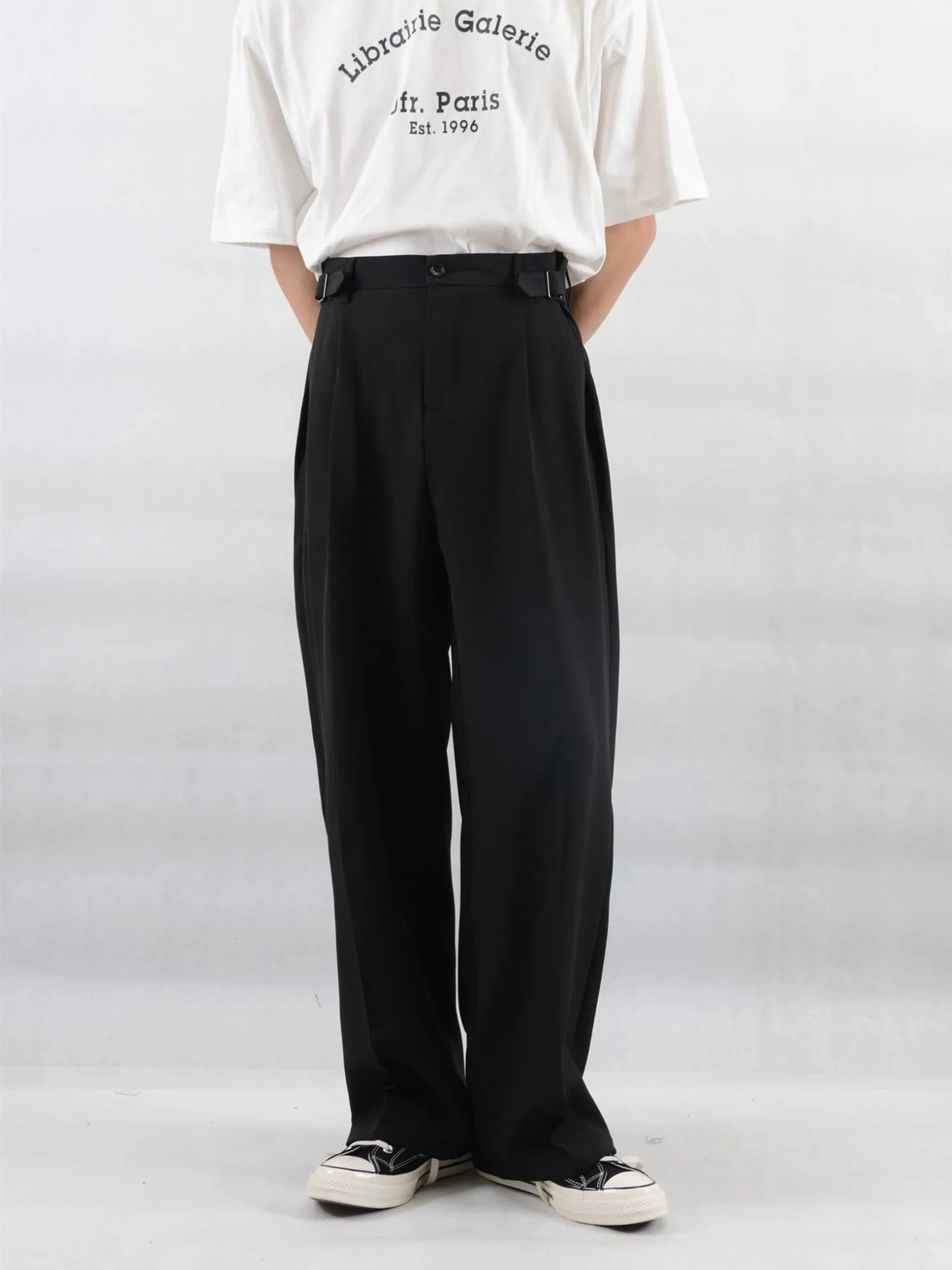 Wide Leg Pleated Trousers with Buckle Detail