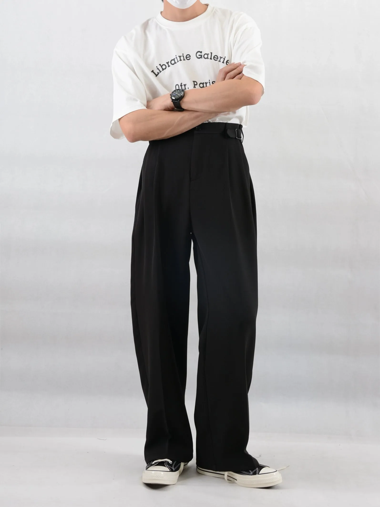 Wide Leg Pleated Trousers with Buckle Detail